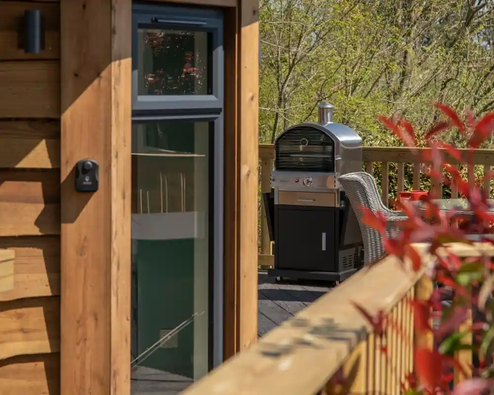 A wooden deck with a modern grill visible in the background, surrounded by greenery. The deck railing is in the foreground, partially obstructing the view of the grill.