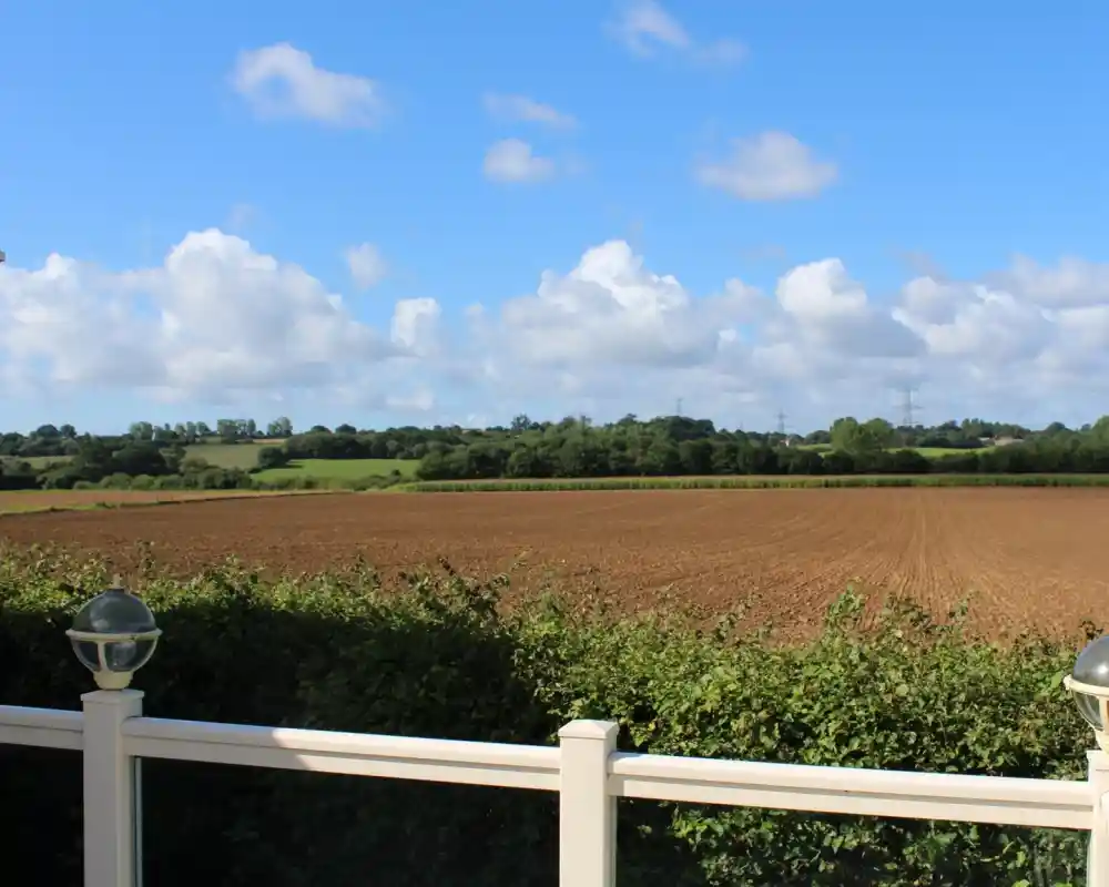 A wide-open landscape featuring a plowed field under a bright blue sky with fluffy white clouds. Lush greenery borders the field, with rolling hills in the background.
