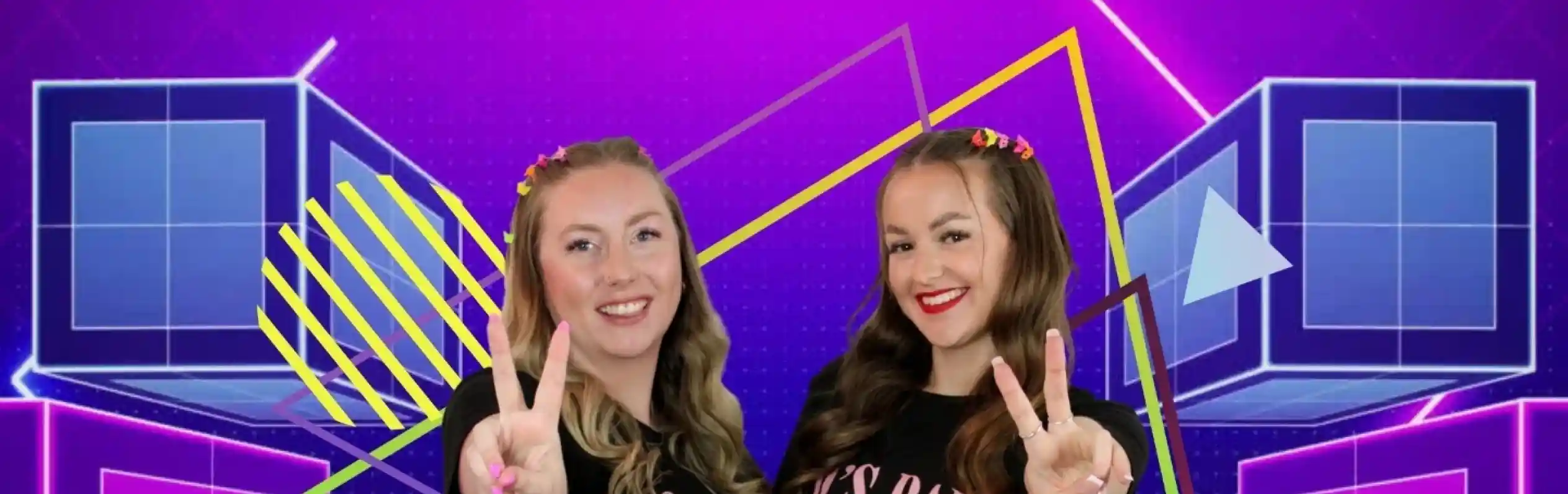 Two young women pose playfully, making peace signs with their fingers. They wear matching outfits with the phrase "90's Baby" printed on their shirts. The background features vibrant geometric shapes and neon colors, creating a retro-inspired theme.