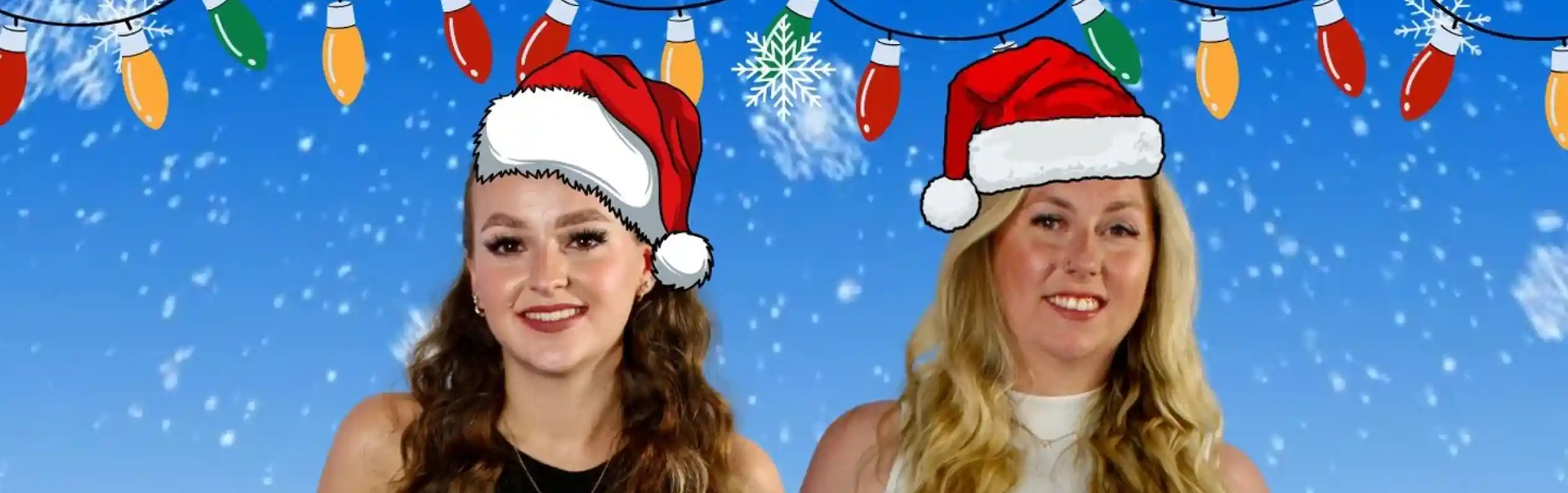 Two women stand side by side, both wearing festive red Santa hats. The background features a snowy scene with snowflakes and holiday lights. The text at the bottom reads "A Very Courtney & Emily Christmas."