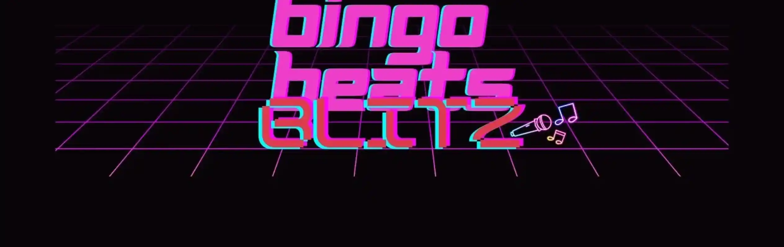 A vibrant retro-style design featuring the text "bingo beats 6.11" in bold pink and blue colors, set against a dark, grid-patterned background. Musical notes are integrated into the design.