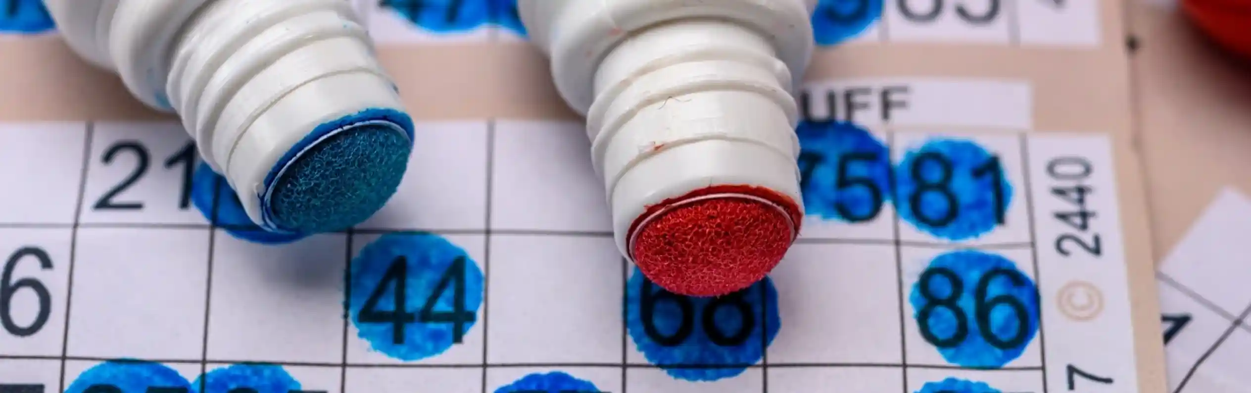 A Bingo card sheet with red and blue bingo dabber pens.
