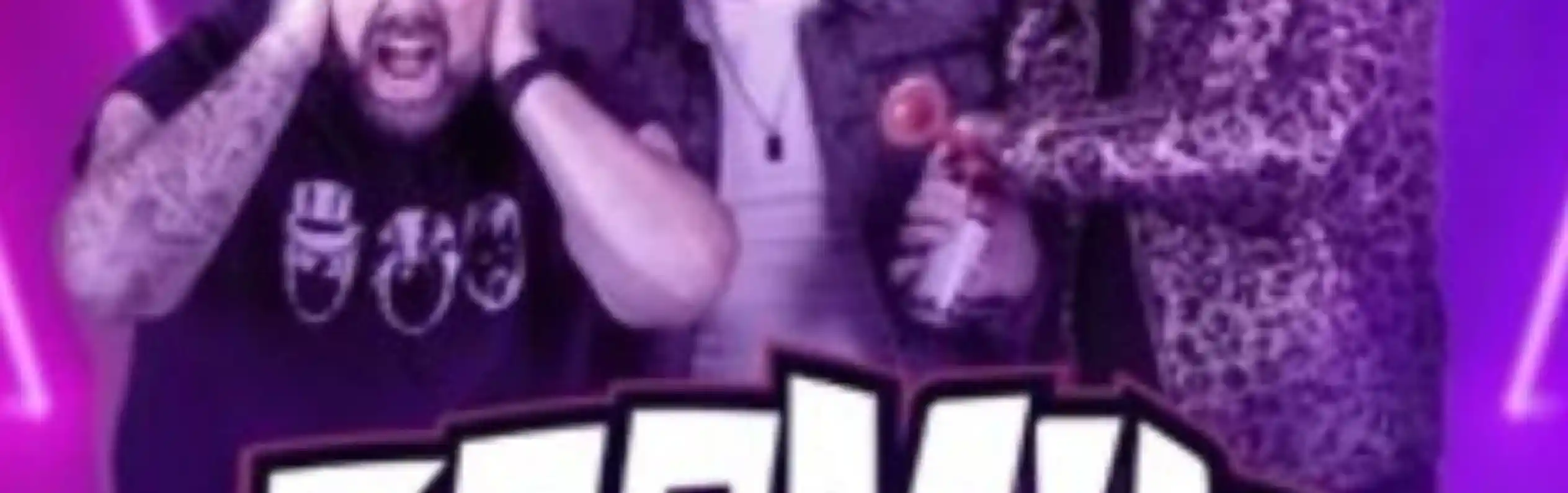 Three men are posing dramatically against a vibrant purple background with neon lighting. One man covers his ears with a distressed expression, the second stands in the middle looking surprised, and the third is wearing a leopard-print jacket and a hat, playfully holding a toy gun. The word "BOOMIN" is prominently displayed at the bottom.