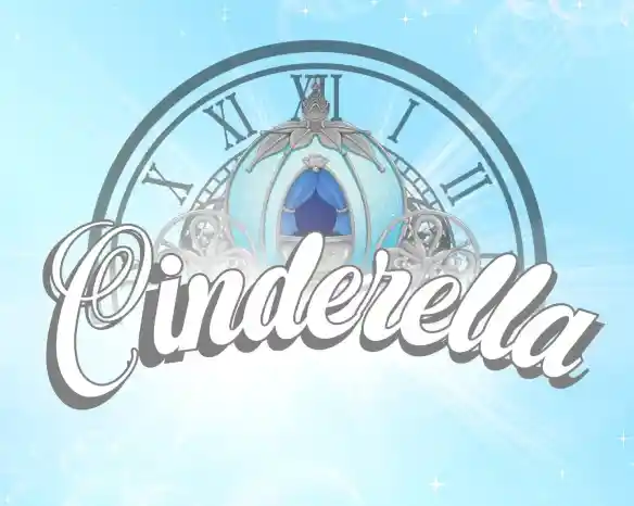 The word "Cinderella" is styled in elegant script in the foreground, with a decorative clock and a blue carriage in the background, all set against a light blue, sparkly backdrop.