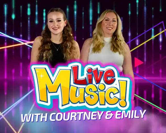 Two women stand side by side, smiling, against a colorful background of abstract sound waves and geometric shapes. The text "Live Music!" is prominently featured above them, with the tagline "With Courtney & Emily" below.
