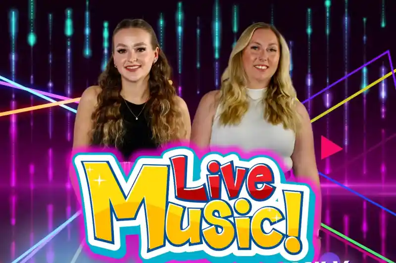 Two women stand side by side, smiling, against a colorful background of abstract sound waves and geometric shapes. The text "Live Music!" is prominently featured above them, with the tagline "With Courtney & Emily" below.