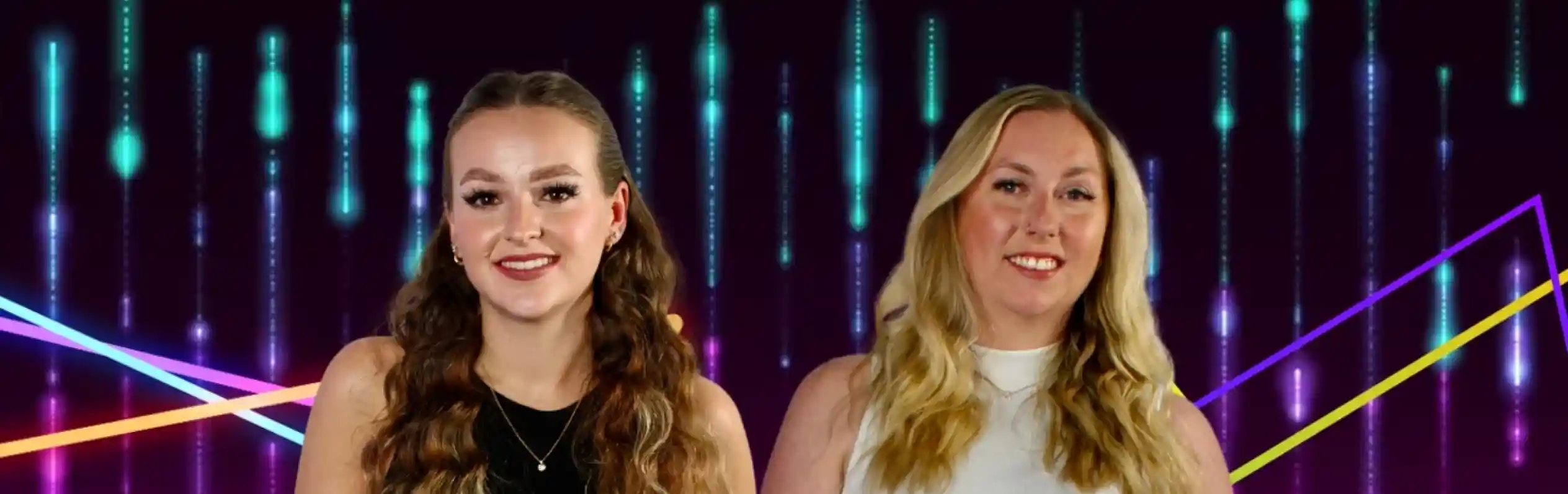 Two women stand side by side, smiling, against a colorful background of abstract sound waves and geometric shapes. The text "Live Music!" is prominently featured above them, with the tagline "With Courtney & Emily" below.