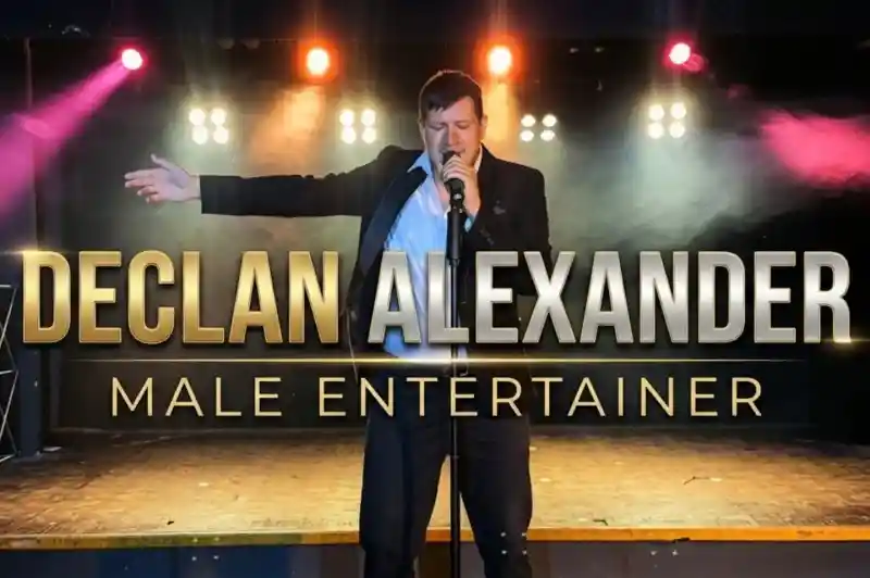 A male performer stands on stage, microphone in hand, wearing a black suit and white shirt. Colorful stage lights illuminate the background, creating a vibrant atmosphere. The text "Declan Alexander Male Entertainer" is prominently displayed.