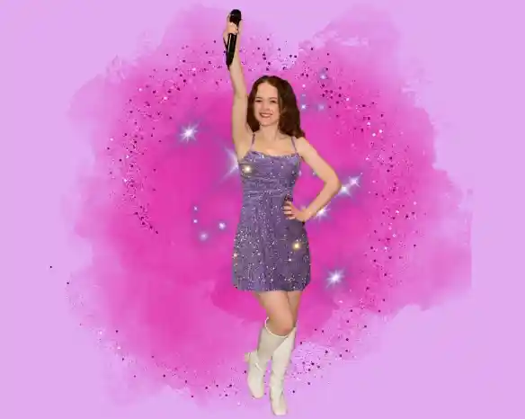 A person in a sparkling purple dress and white knee-high boots strikes a pose, holding a microphone high while surrounded by a pink, starry background.