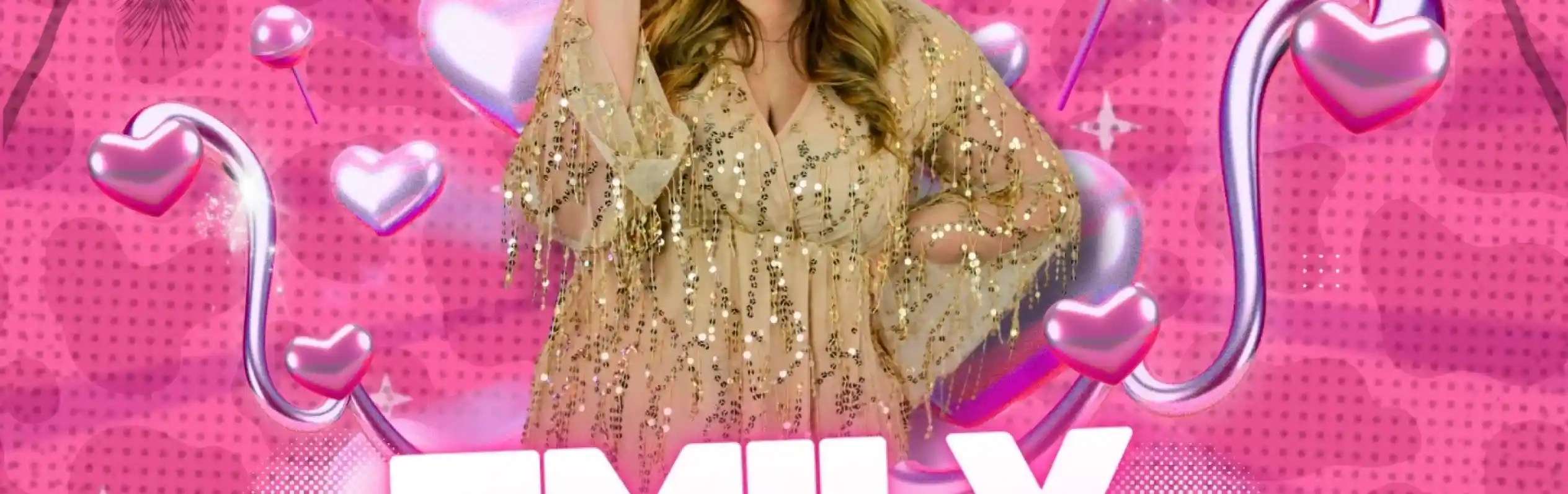 A woman with long, wavy hair holds a microphone and smiles, wearing a sparkling, light-colored outfit. The background features a bright pink pattern with hearts and palm trees. The name "Emily Pitcher" is prominently displayed in bold, white letters.