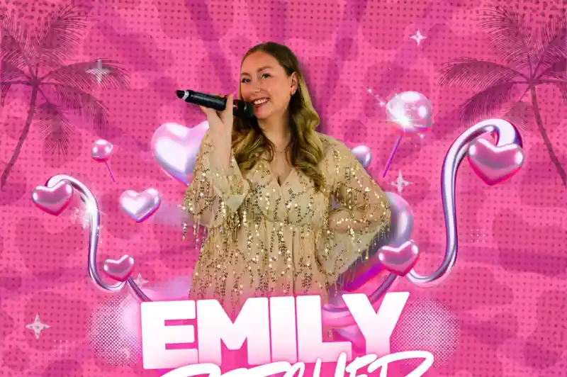 A woman with long, wavy hair holds a microphone and smiles, wearing a sparkling, light-colored outfit. The background features a bright pink pattern with hearts and palm trees. The name "Emily Pitcher" is prominently displayed in bold, white letters.