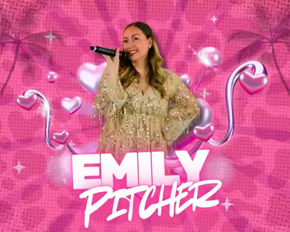 A woman with long, wavy hair holds a microphone and smiles, wearing a sparkling, light-colored outfit. The background features a bright pink pattern with hearts and palm trees. The name "Emily Pitcher" is prominently displayed in bold, white letters.