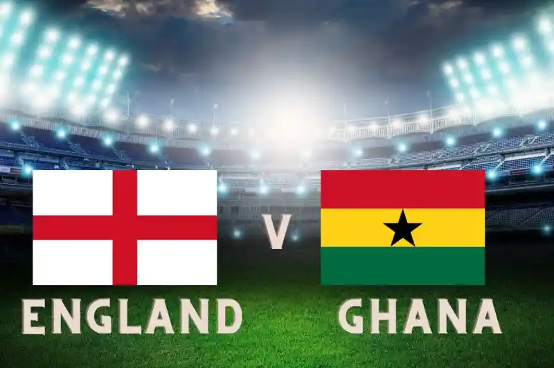 England and Ghana flags displayed prominently with the words "England v Ghana" against a backdrop of a stadium filled with bright lights.