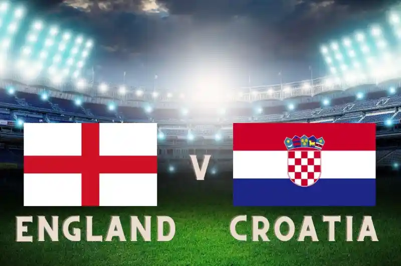 England and Croatia flags displayed side by side, with a stadium background illuminated by bright lights. The text "England v Croatia" is prominently featured in the center.