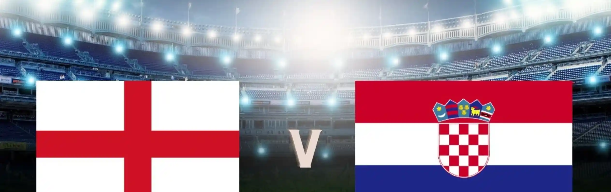 England and Croatia flags displayed side by side, with a stadium background illuminated by bright lights. The text "England v Croatia" is prominently featured in the center.