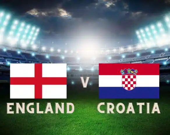 England and Croatia flags displayed side by side, with a stadium background illuminated by bright lights. The text "England v Croatia" is prominently featured in the center.