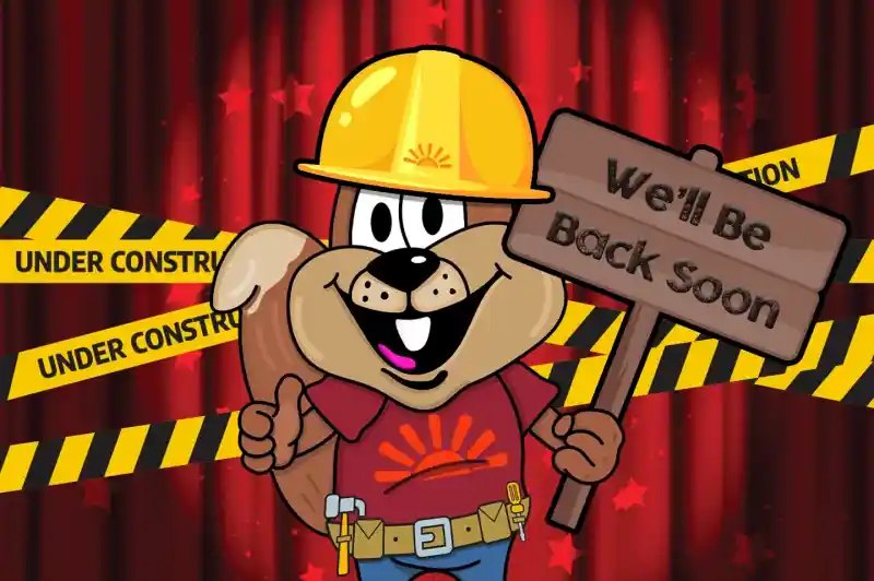 A cartoon squirrel wearing a hard hat and construction vest holds a sign that says, We'll Be Back Soon. The background features red curtains and caution tape with the words Under Construction.