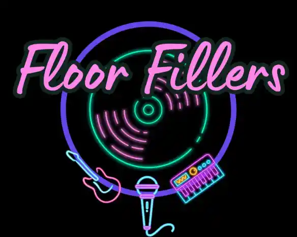 Bright neon logo featuring the text "Floor Fillers" above a stylized turntable, with a guitar, microphone, and synthesizer below. The design has a vibrant, retro feel.