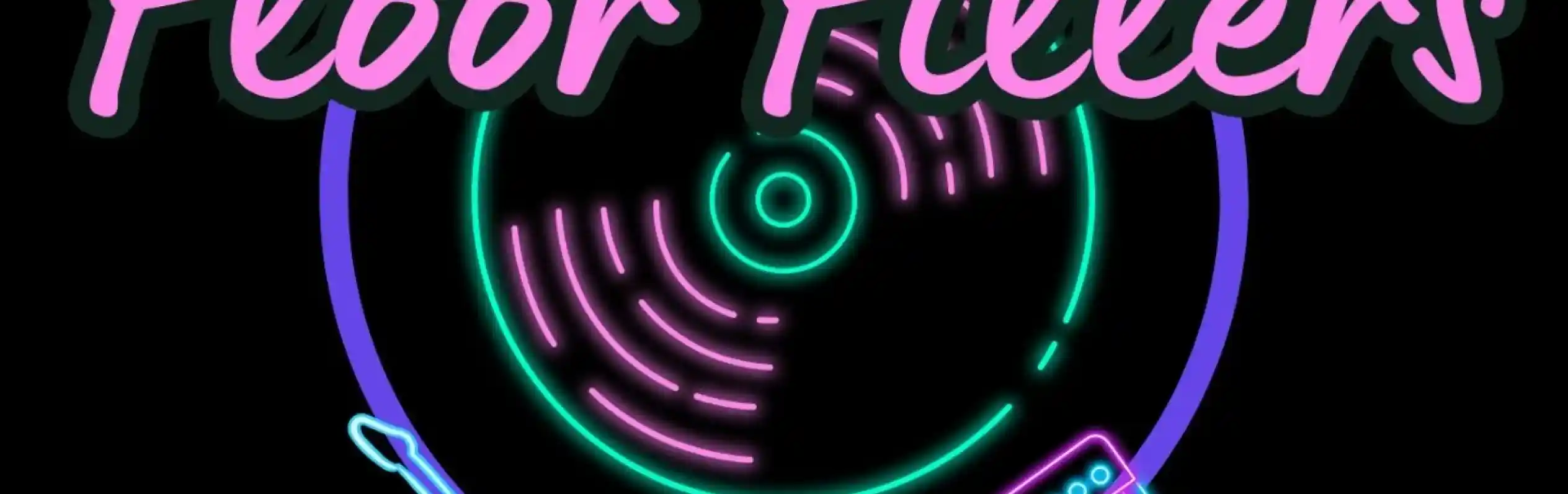 Bright neon logo featuring the text "Floor Fillers" above a stylized turntable, with a guitar, microphone, and synthesizer below. The design has a vibrant, retro feel.