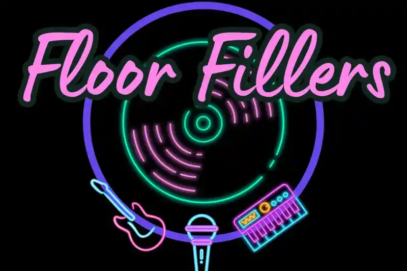 Bright neon logo featuring the text "Floor Fillers" above a stylized turntable, with a guitar, microphone, and synthesizer below. The design has a vibrant, retro feel.