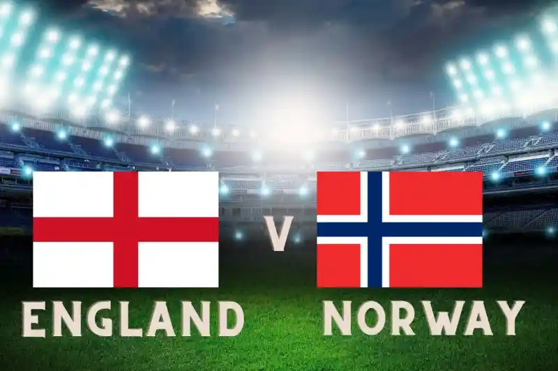 England and Norway flags side by side, with "England v Norway" text in a sports stadium backdrop illuminated by bright lights.
