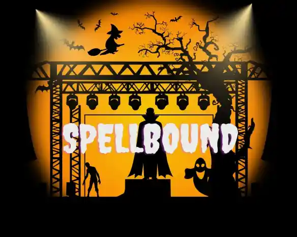 A spooky stage scene with an orange background, featuring silhouettes of a witch on a broom, a ghost, a tree with bats, and a zombie. The word "SPELLBOUND" is prominently displayed in large, whimsical letters.