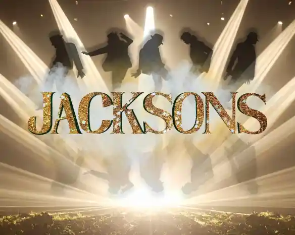 The word "JACKSONS" is displayed in glittering gold letters against a backdrop of silhouetted dancers and dramatic spotlight beams. Smoke effects enhance the stage atmosphere.