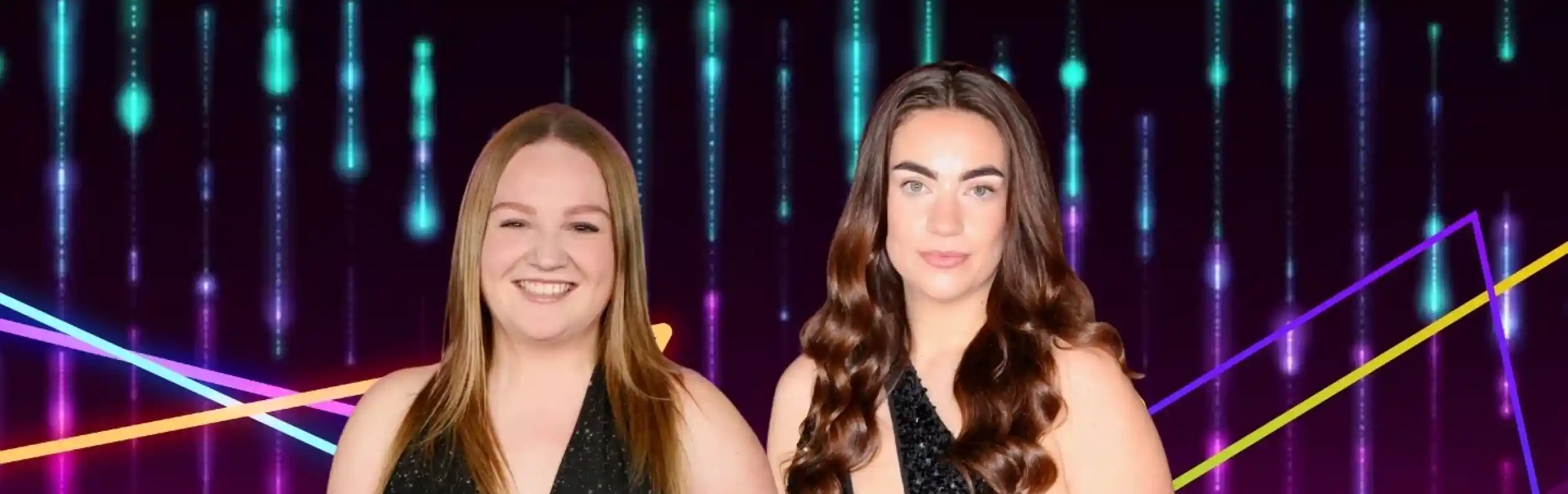 Jessie and Grace pose cheerfully in sparkly outfits against a vibrant, colorful background. Bold text states "Live Music!" above their names.