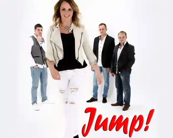 A group of four musicians pose against a white background. The woman in front wears a light jacket and white ripped jeans, showing a confident stance. The three men behind her are dressed in casual and smart attire. The word "Jump!" is prominently displayed in red at the bottom.