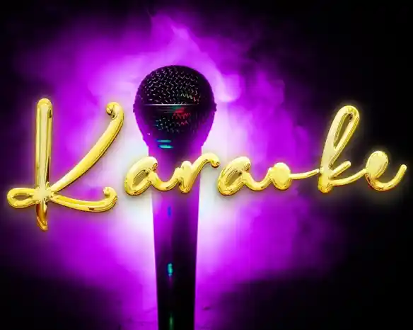 A microphone is illuminated with purple and black background smoke, with the word "Karaoke" stylized in shiny gold cursive lettering.