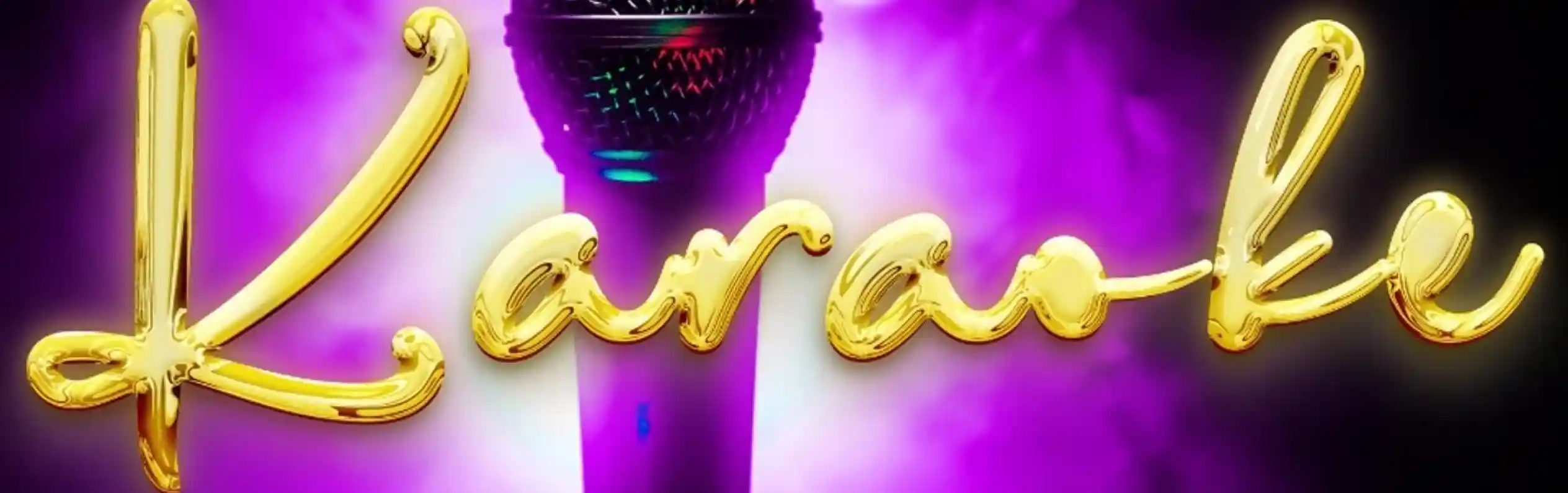 A microphone is illuminated with purple and black background smoke, with the word "Karaoke" stylized in shiny gold cursive lettering.