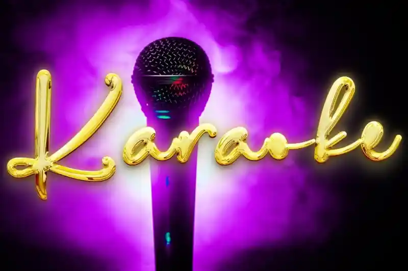 A microphone is illuminated with purple and black background smoke, with the word "Karaoke" stylized in shiny gold cursive lettering.