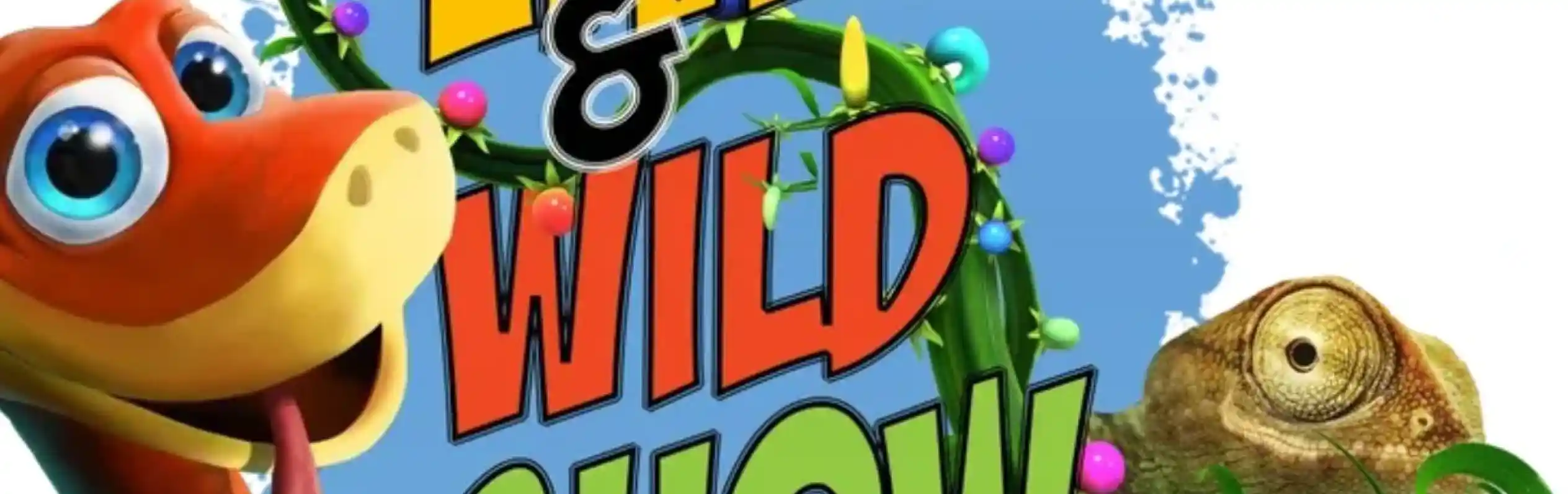 A colorful graphic featuring a cartoon character with a cheerful expression alongside a chameleon. The text reads "Live & Wild Show Learning Through Laughter!" with vibrant design elements.