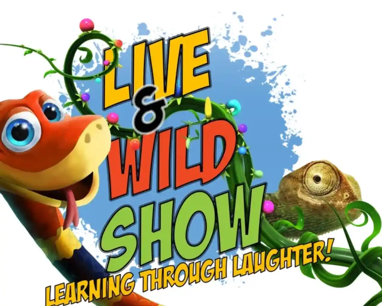 A colorful graphic featuring a cartoon character with a cheerful expression alongside a chameleon. The text reads "Live & Wild Show Learning Through Laughter!" with vibrant design elements.