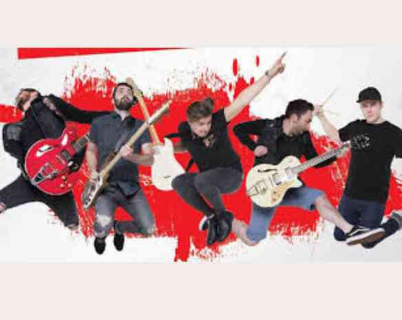 A group of five male musicians jumping in the air, each holding different instruments, including guitars and drums. They are set against a vibrant red and white abstract background.