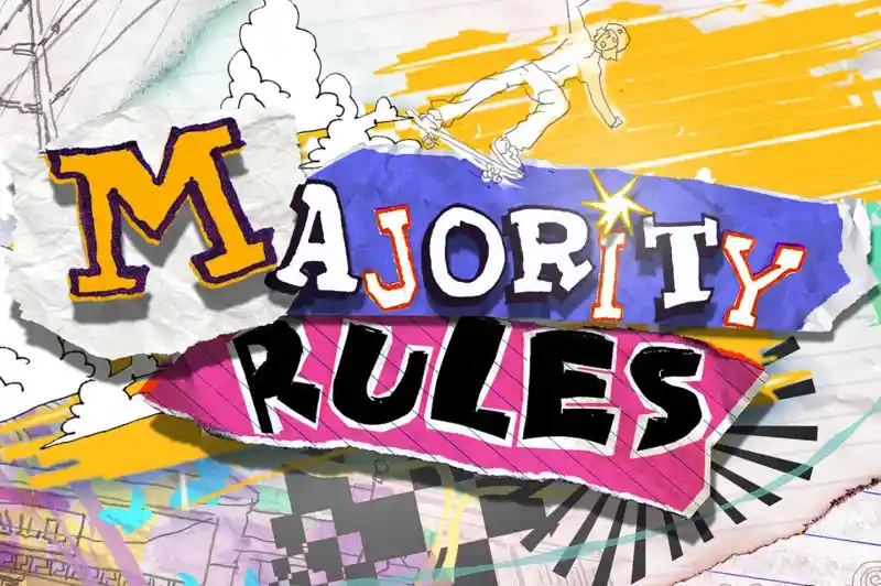 Colorful graphic featuring the text "Majority Rules" in a playful, stylized font. The background includes abstract shapes, bright colors, and a skateboarder performing a trick. Elements suggest a youthful, energetic vibe.