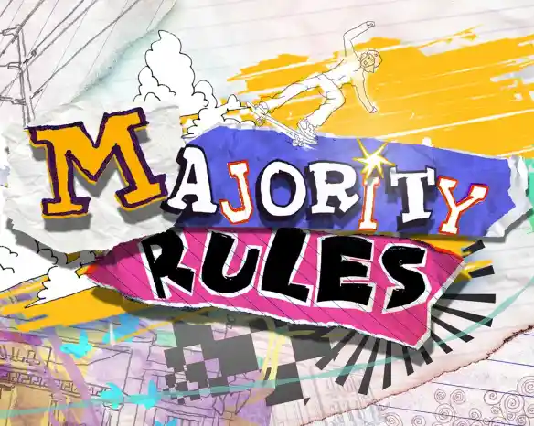 Colorful graphic featuring the text "Majority Rules" in a playful, stylized font. The background includes abstract shapes, bright colors, and a skateboarder performing a trick. Elements suggest a youthful, energetic vibe.
