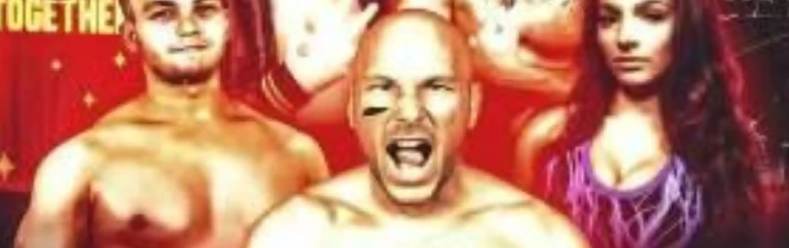 A group of five wrestlers poses confidently, with one in the front holding a championship belt. They appear in a dramatic, colorful setting with bold text reading "We Fight Together."