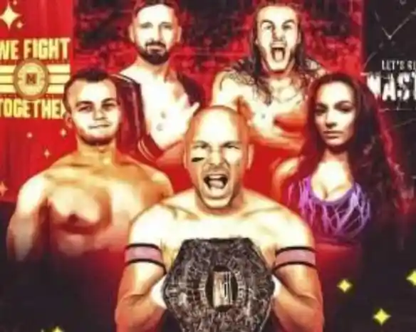 A group of five wrestlers poses confidently, with one in the front holding a championship belt. They appear in a dramatic, colorful setting with bold text reading "We Fight Together."