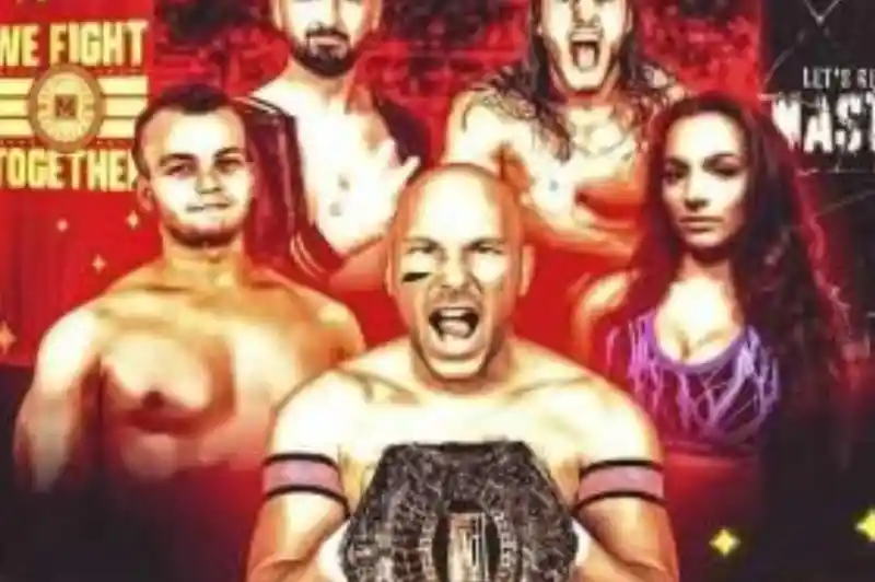 A group of five wrestlers poses confidently, with one in the front holding a championship belt. They appear in a dramatic, colorful setting with bold text reading "We Fight Together."