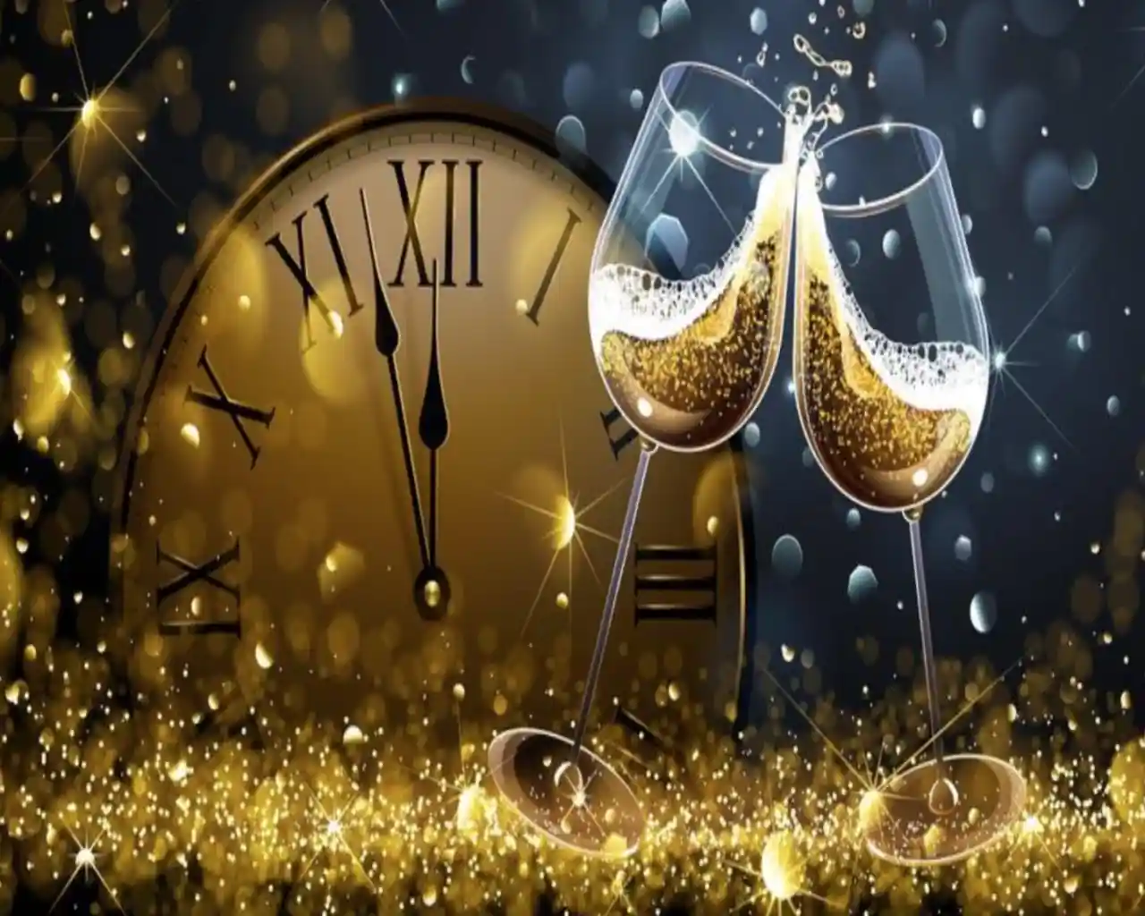 Two champagne glasses clink together, filled with sparkling wine, against a backdrop of a golden clock and shimmering glitter. The clock shows almost midnight, suggesting a celebration or New Year's Eve theme.