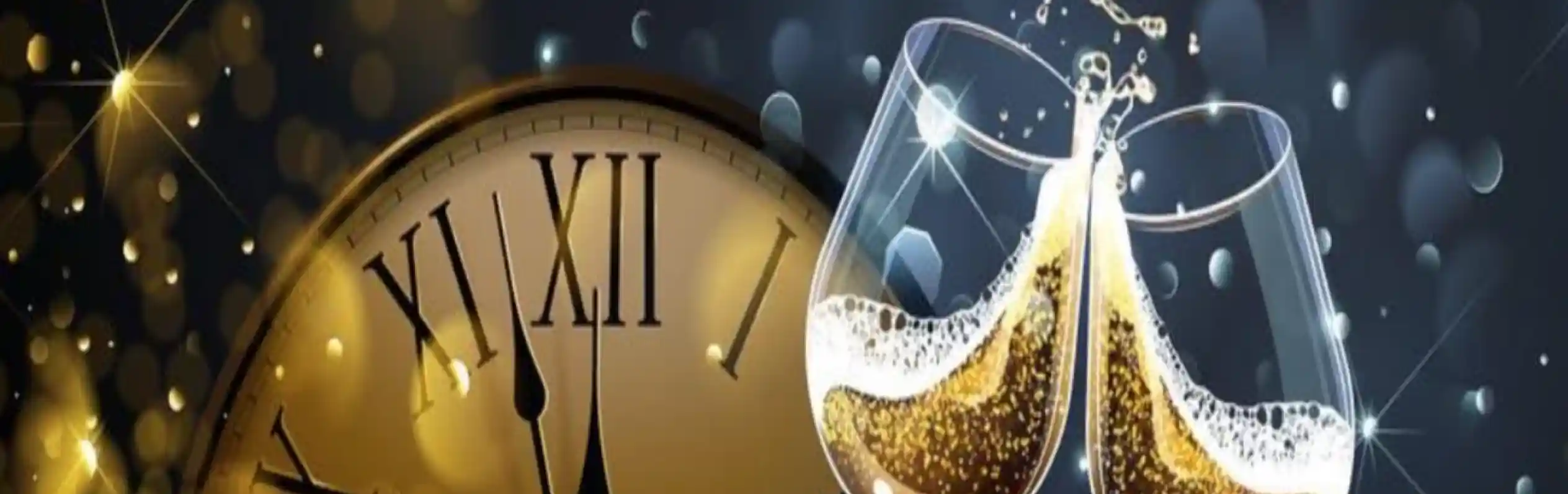 Two champagne glasses clink together, filled with sparkling wine, against a backdrop of a golden clock and shimmering glitter. The clock shows almost midnight, suggesting a celebration or New Year's Eve theme.