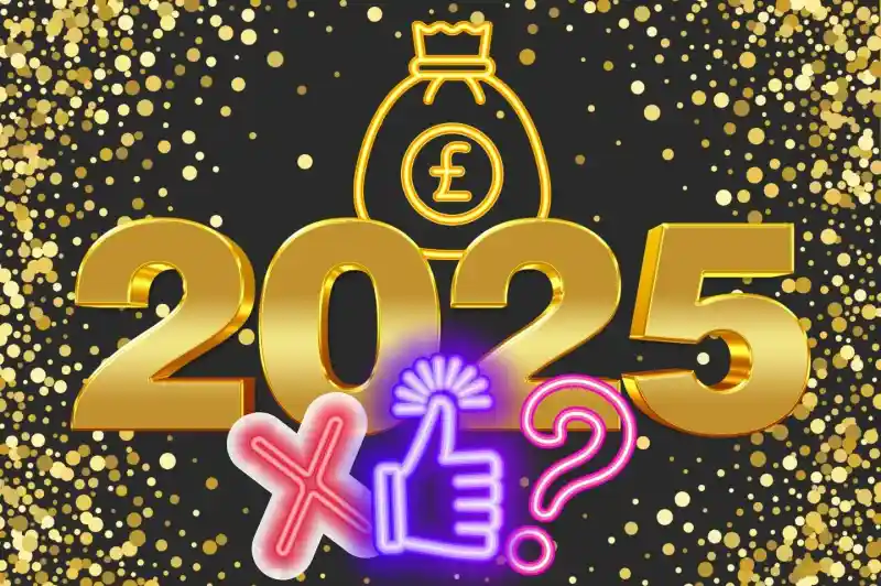 Golden numbers "2025" against a backdrop of sparkly gold dots. A money bag icon and colorful symbols like a thumbs-up, a cross, and a question mark are included.