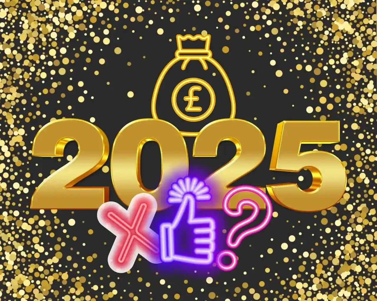 Golden numbers "2025" against a backdrop of sparkly gold dots. A money bag icon and colorful symbols like a thumbs-up, a cross, and a question mark are included.