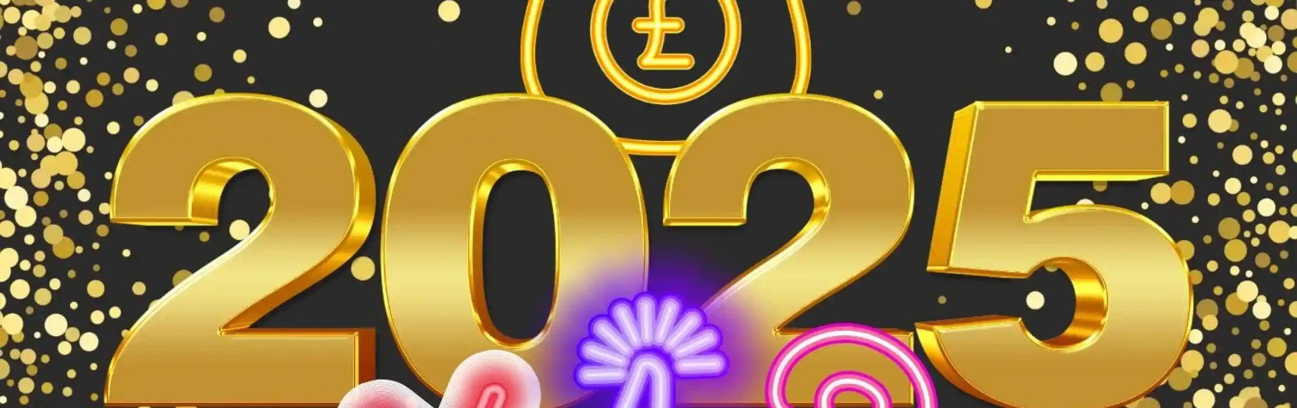Golden numbers "2025" against a backdrop of sparkly gold dots. A money bag icon and colorful symbols like a thumbs-up, a cross, and a question mark are included.