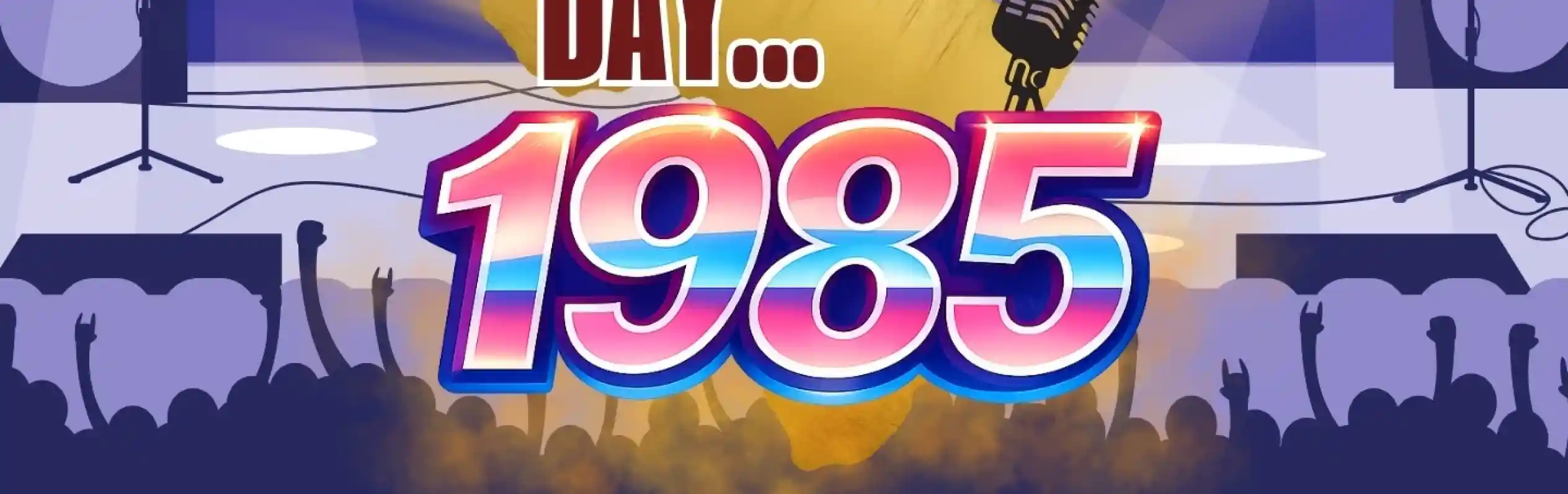 A vibrant graphic featuring a silhouette of a guitar and a microphone, set against a blue background with spotlights. The text reads "On This Day... 1985" in bold, colorful letters, with a crowd silhouette cheering at the bottom.