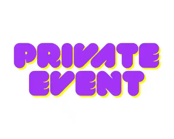 Bold, playful text displaying the words "Private Event" in a purple bubble font with a yellow outline.