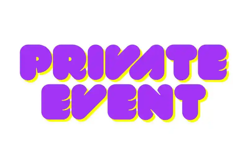 Bold, playful text displaying the words "Private Event" in a purple bubble font with a yellow outline.