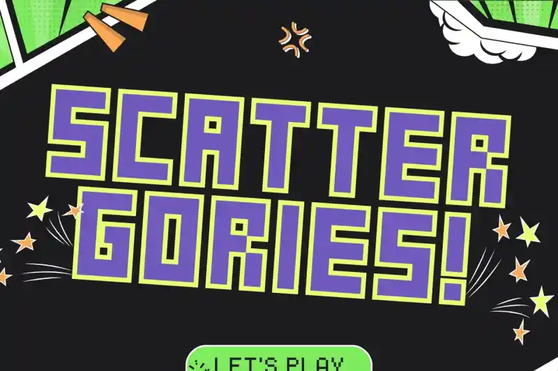 Colorful graphic featuring the text "Scattergories!" in bold, stylized letters. Below, there's a green button that says "Let's Play." The background is decorated with comic-style elements, including stars and bursts.