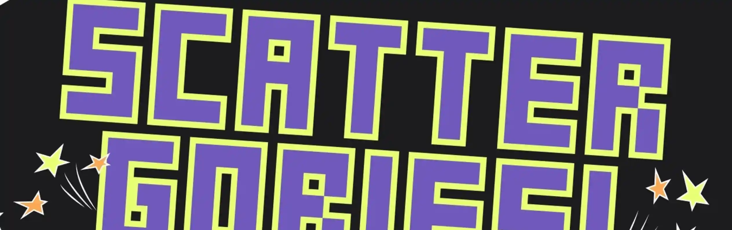 Colorful graphic featuring the text "Scattergories!" in bold, stylized letters. Below, there's a green button that says "Let's Play." The background is decorated with comic-style elements, including stars and bursts.